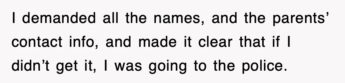 I demanded all the names, and the parents’ contact info, and made it clear that if I didn’t get it, I was going to the police.