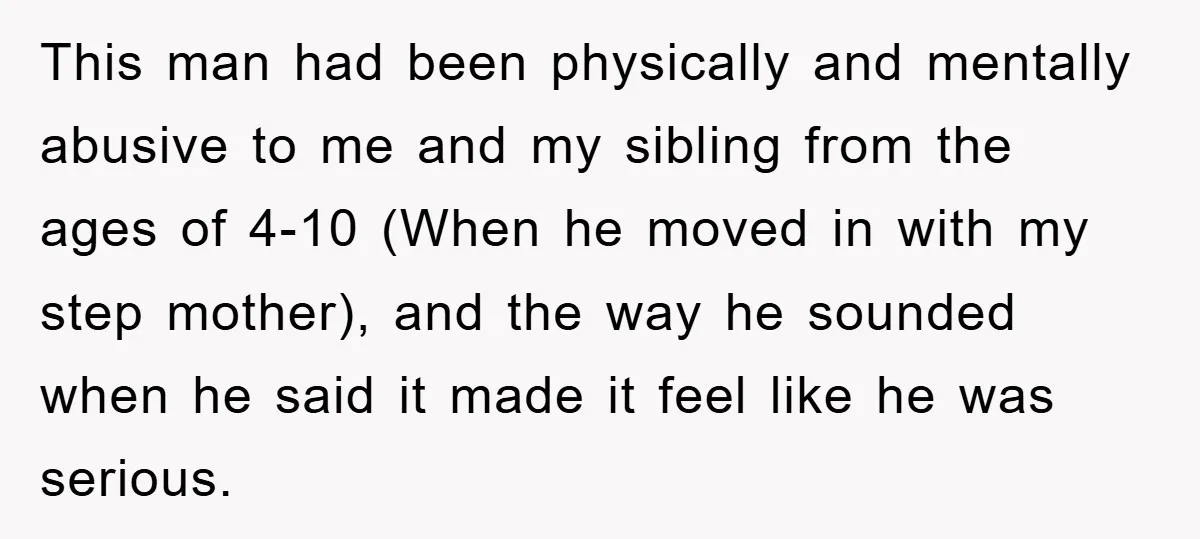This man had been physically and mentally abusive to me and my sibling from the ages of 4-10 (When he moved in with my step mother), and the way he...