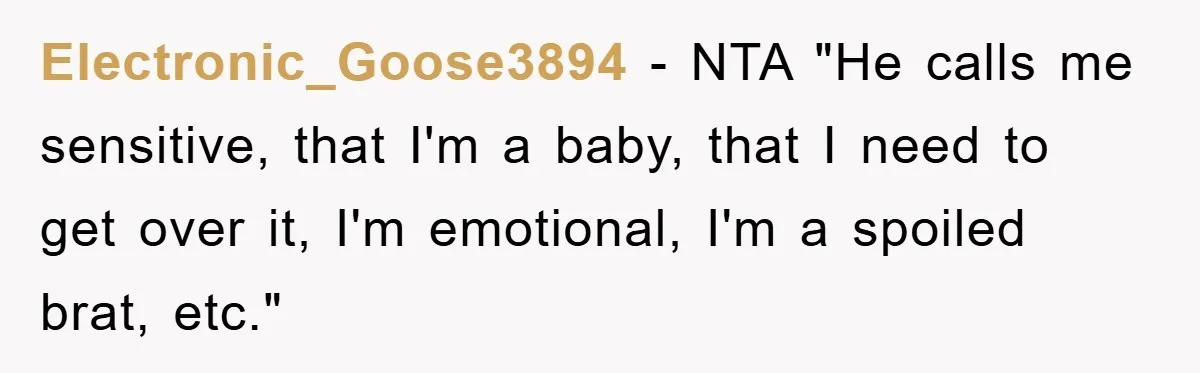 Electronic_Goose3894 - NTA "He calls me sensitive, that I'm a baby, that I need to get over it, I'm emotional, I'm a spoiled brat, etc."