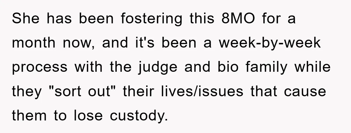 She has been fostering this 8MO for a month now, and it's been a week-by-week process with the judge and bio family while they "sort out" their lives/issues that cause...
