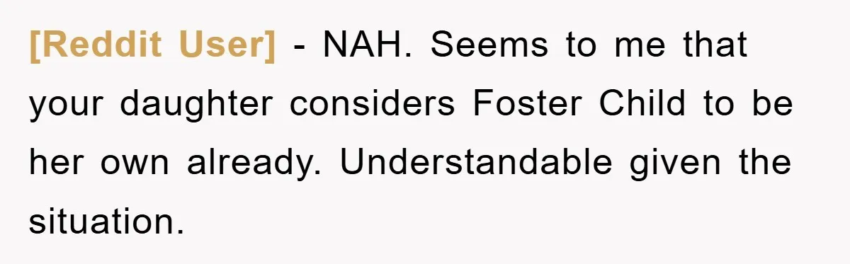 [Reddit User] − NAH. Seems to me that your daughter considers Foster Child to be her own already. Understandable given the situation.
