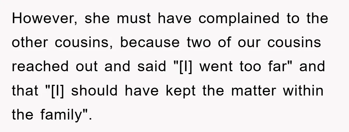 However, she must have complained to the other cousins, because two of our cousins reached out and said "[I] went too far" and that "[I] should have kept the matter...