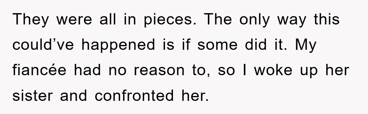 They were all in pieces. The only way this could’ve happened is if some did it. My fiancée had no reason to, so I woke up her sister and confronted...