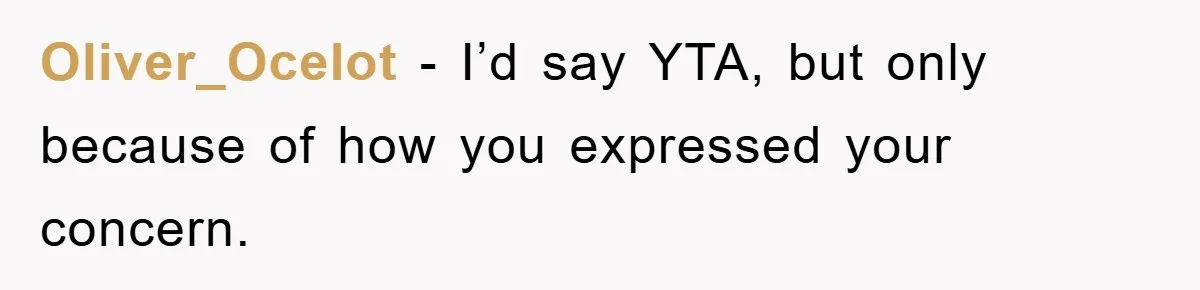 Oliver_Ocelot − I’d say YTA, but only because of how you expressed your concern.