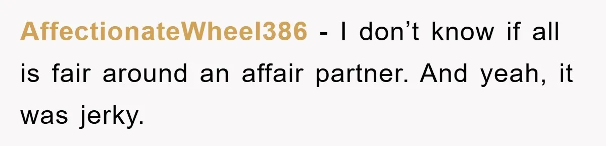 AffectionateWheel386 − I don’t know if all is fair around an affair partner. And yeah, it was jerky.
