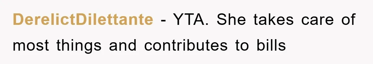DerelictDilettante − YTA. She takes care of most things and contributes to bills