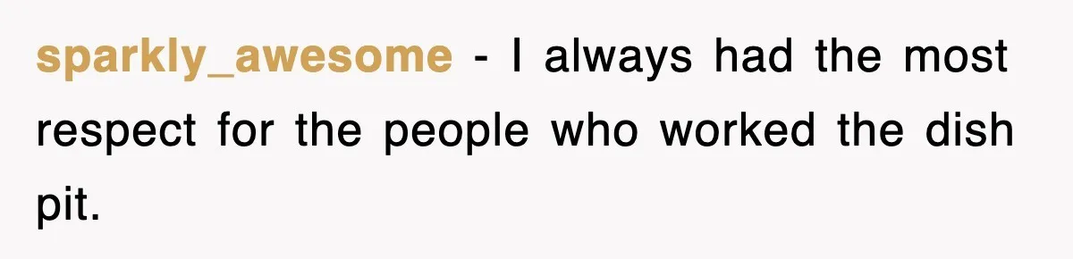 sparkly_awesome − I always had the most respect for the people who worked the dish pit.