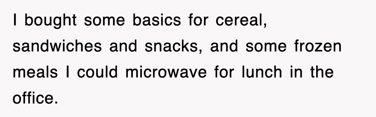 I bought some basics for cereal, sandwiches and snacks, and some frozen meals I could microwave for lunch in the office.