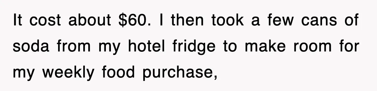 It cost about $60. I then took a few cans of soda from my hotel fridge to make room for my weekly food purchase,
