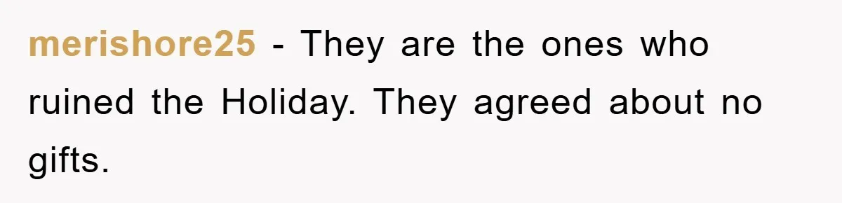 merishore25 - They are the ones who ruined the Holiday. They agreed about no gifts.