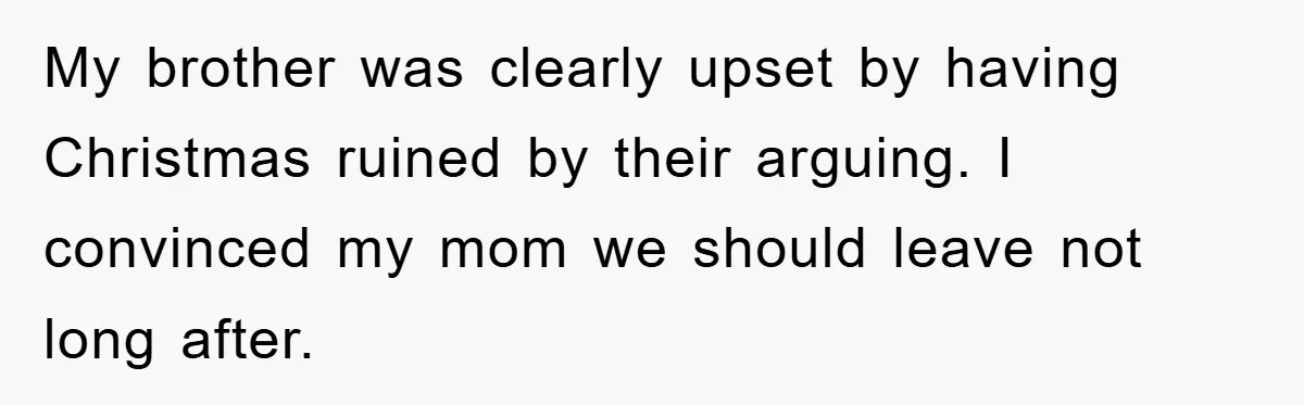 My brother was clearly upset by having Christmas ruined by their arguing. I convinced my mom we should leave not long after.