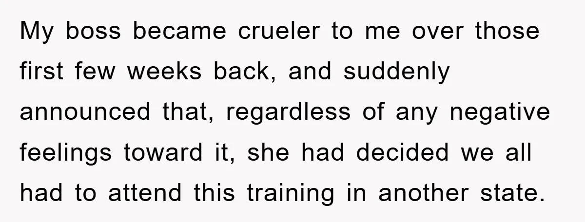 My boss became crueler to me over those first few weeks back, and suddenly announced that, regardless of any negative feelings toward it, she had decided we all had to...