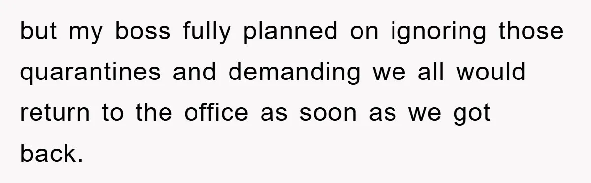 but my boss fully planned on ignoring those quarantines and demanding we all would return to the office as soon as we got back.
