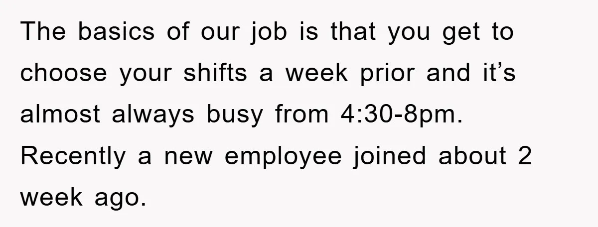 The basics of our job is that you get to choose your shifts a week prior and it’s almost always busy from 4:30-8pm. Recently a new employee joined about 2...