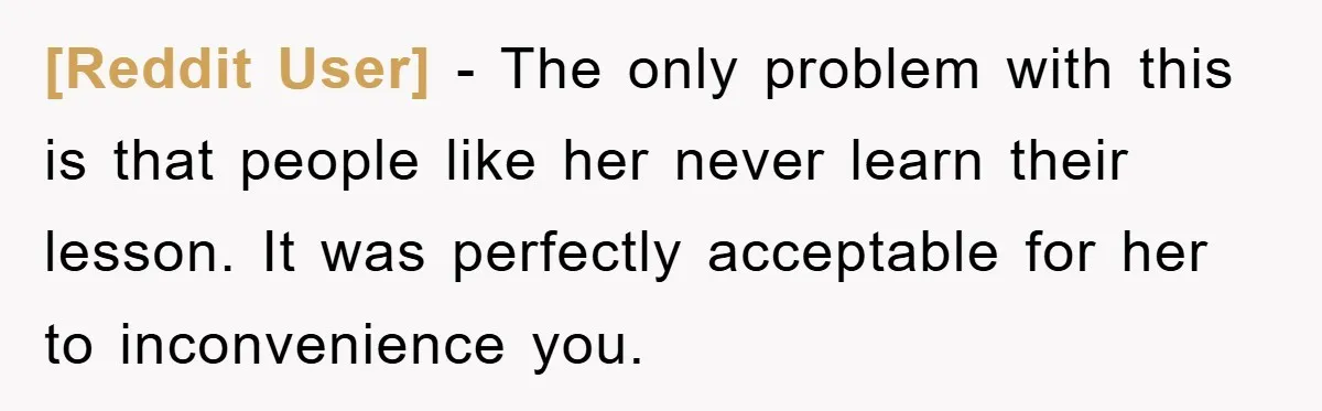 [Reddit User] - The only problem with this is that people like her never learn their lesson. It was perfectly acceptable for her to inconvenience you.