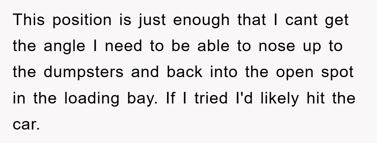 Delivery Driver Blocks Entitled Car After She Refuses to Move for 15 Seconds This position is just enough that I cant get the angle I need to be able to nose up to the dumpsters and back into the open spot in the...