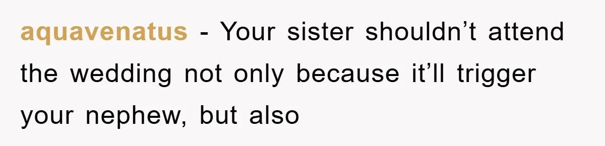 aquavenatus - Your sister shouldn’t attend the wedding not only because it’ll trigger your nephew, but also