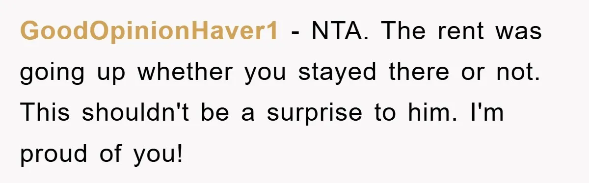 GoodOpinionHaver1 - NTA. The rent was going up whether you stayed there or not. This shouldn't be a surprise to him. I'm proud of you!