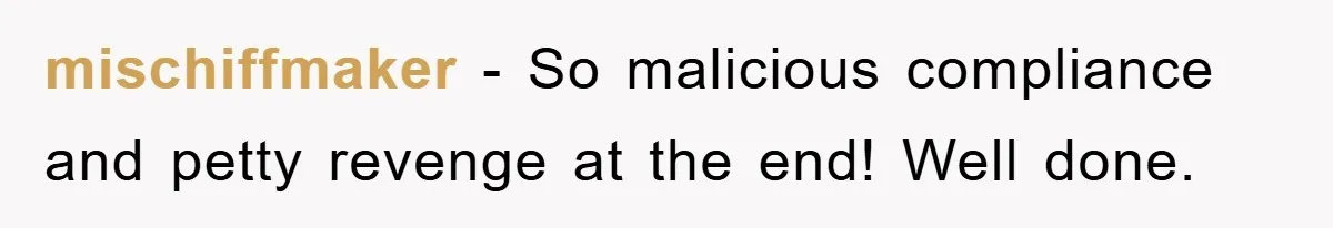 mischiffmaker − So malicious compliance and petty revenge at the end! Well done.