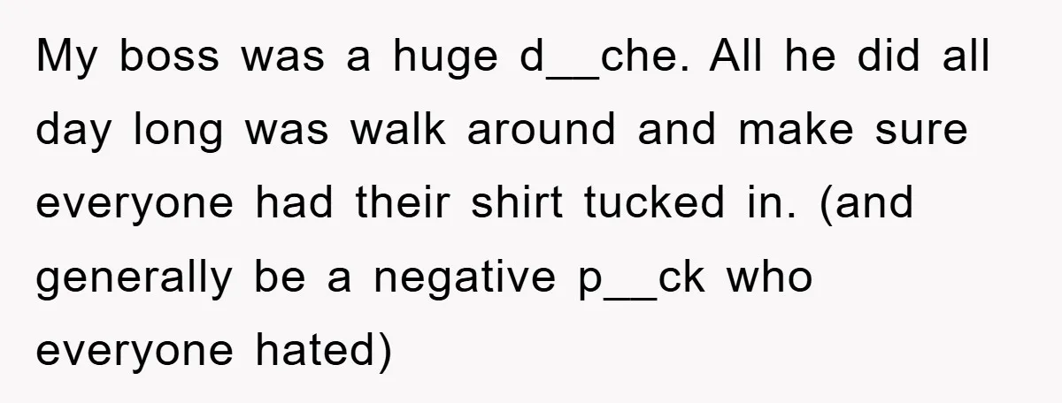 My boss was a huge d__che. All he did all day long was walk around and make sure everyone had their shirt tucked in. (and generally be a negative p__ck...