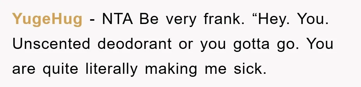 YugeHug - NTA Be very frank. “Hey. You. Unscented deodorant or you gotta go. You are quite literally making me sick.