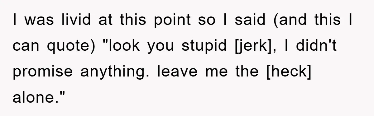 I was livid at this point so I said (and this I can quote) "look you stupid [jerk], I didn't promise anything. leave me the [heck] alone."