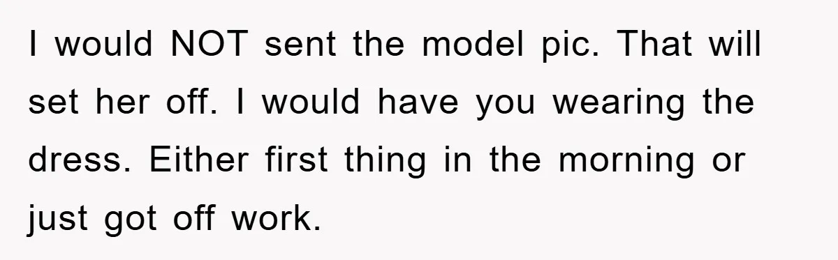 I would NOT sent the model pic. That will set her off. I would have you wearing the dress. Either first thing in the morning or just got off work.