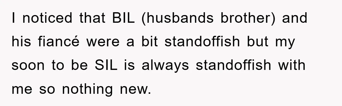 I noticed that BIL (husbands brother) and his fiancé were a bit standoffish but my soon to be SIL is always standoffish with me so nothing new.