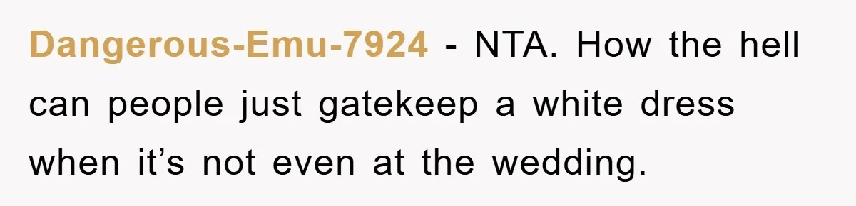 Dangerous-Emu-7924 - NTA. How the hell can people just gatekeep a white dress when it’s not even at the wedding.