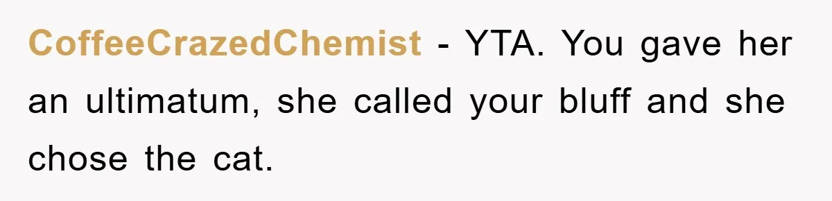 CoffeeCrazedChemist - YTA. You gave her an ultimatum, she called your bluff and she chose the cat.