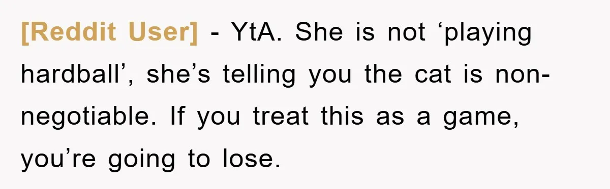 [Reddit User] - YtA. She is not ‘playing hardball’, she’s telling you the cat is non-negotiable. If you treat this as a game, you’re going to lose.