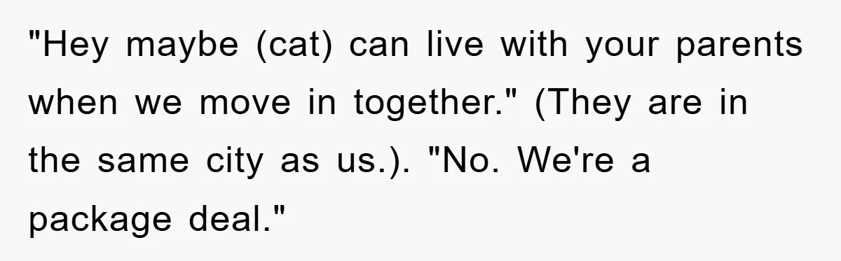 "Hey maybe (cat) can live with your parents when we move in together." (They are in the same city as us.). "No. We're a package deal."