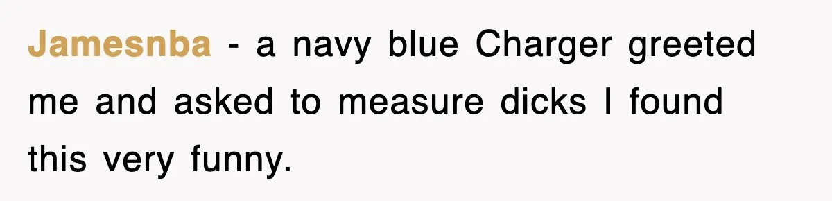 Jamesnba − a navy blue Charger greeted me and asked to measure dicks I found this very funny.