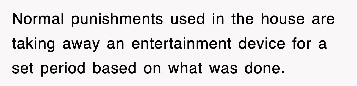 Normal punishments used in the house are taking away an entertainment device for a set period based on what was done.