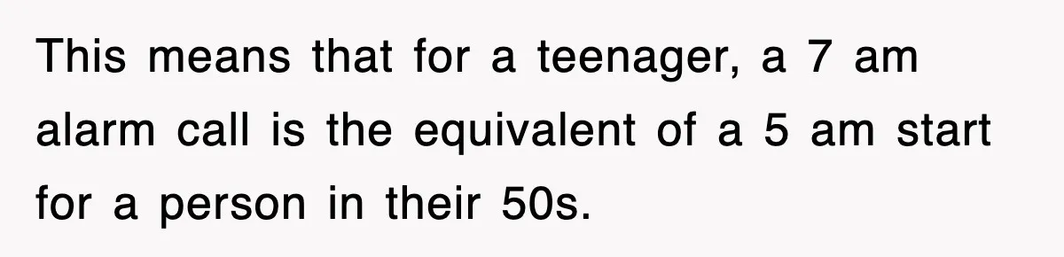 This means that for a teenager, a 7 am alarm call is the equivalent of a 5 am start for a person in their 50s.
