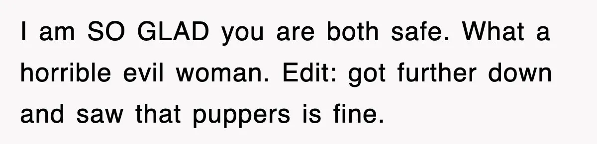 I am SO GLAD you are both safe. What a horrible evil woman. Edit: got further down and saw that puppers is fine.