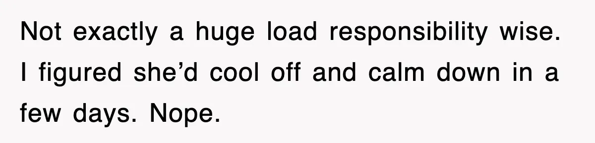 Not exactly a huge load responsibility wise. I figured she’d cool off and calm down in a few days. Nope.