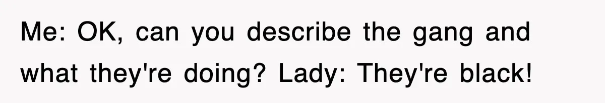 Me: OK, can you describe the gang and what they're doing? Lady: They're black!