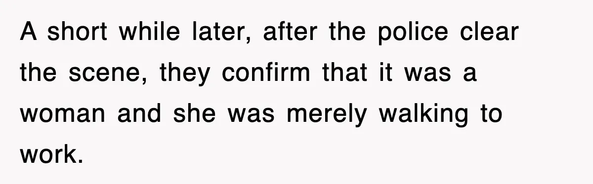 A short while later, after the police clear the scene, they confirm that it was a woman and she was merely walking to work.