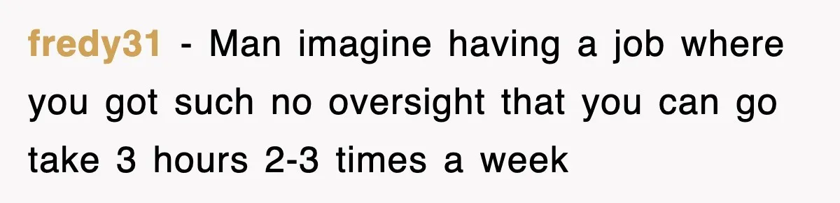 fredy31 − Man imagine having a job where you got such no oversight that you can go take 3 hours 2-3 times a week