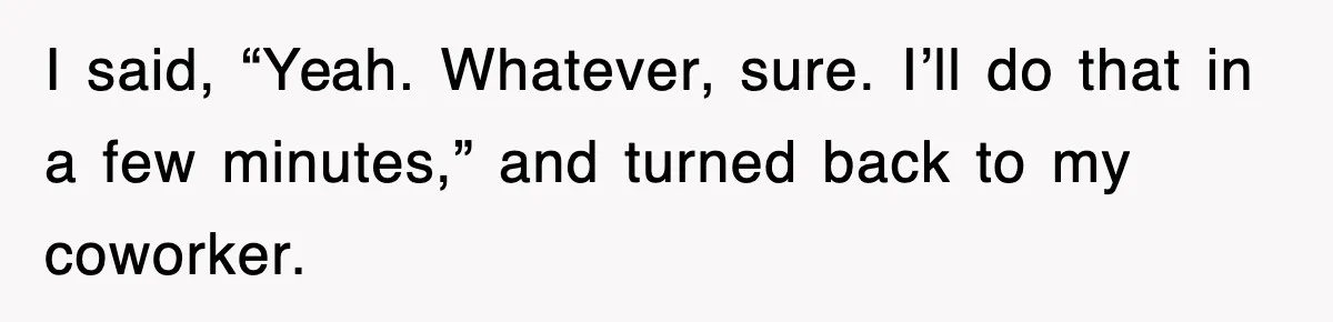 I said, “Yeah. Whatever, sure. I’ll do that in a few minutes,” and turned back to my coworker.