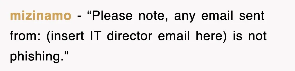 mizinamo − “Please note, any email sent from: (insert IT director email here) is not phishing.”