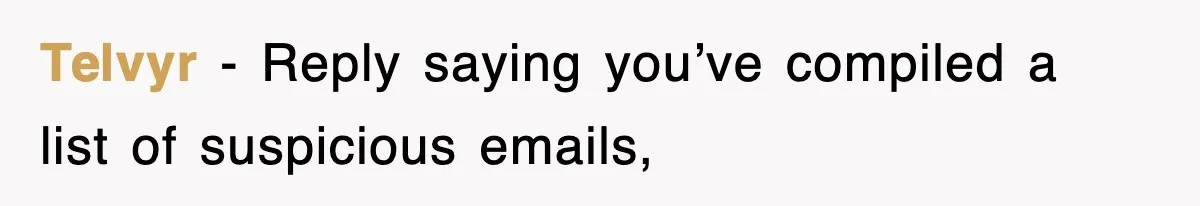 Telvyr − Reply saying you’ve compiled a list of suspicious emails,