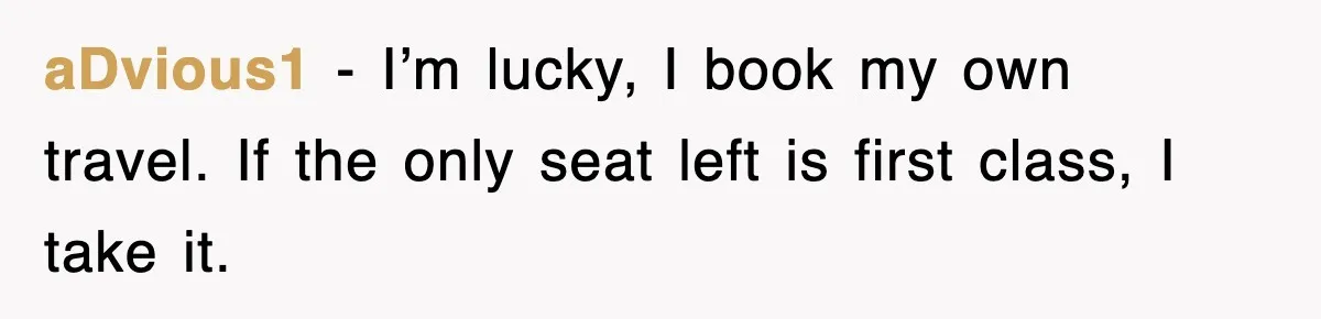 aDvious1 − I’m lucky, I book my own travel. If the only seat left is first class, I take it.