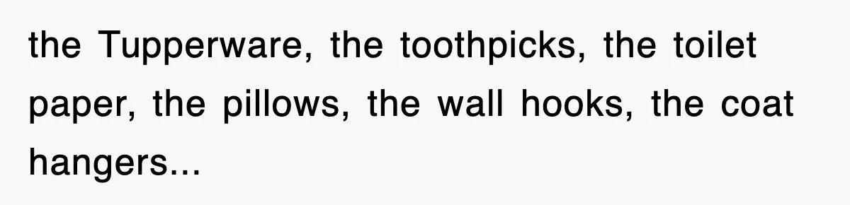 the Tupperware, the toothpicks, the toilet paper, the pillows, the wall hooks, the coat hangers...