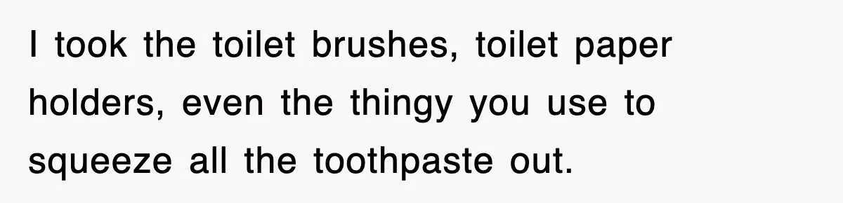I took the toilet brushes, toilet paper holders, even the thingy you use to squeeze all the toothpaste out.