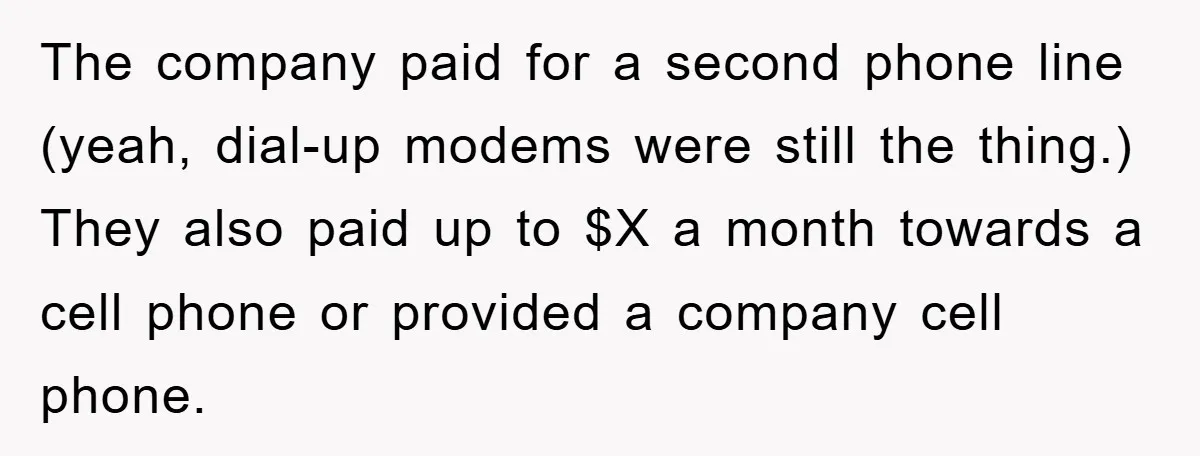 The company paid for a second phone line (yeah, dial-up modems were still the thing.) They also paid up to $X a month towards a cell phone or provided a...