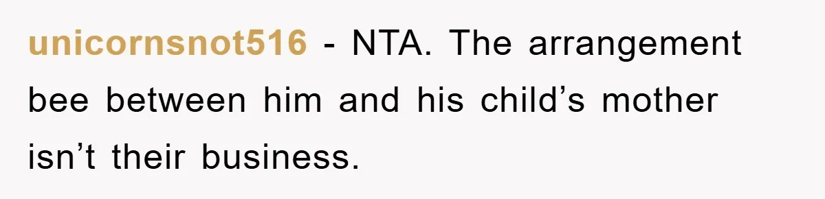 unicornsnot516 - NTA. The arrangement bee between him and his child’s mother isn’t their business.