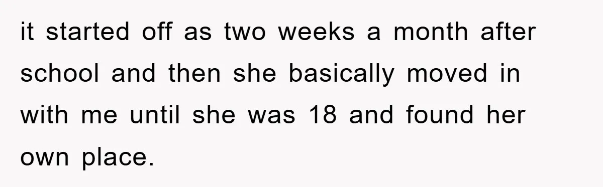 it started off as two weeks a month after school and then she basically moved in with me until she was 18 and found her own place.
