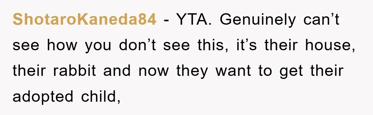 ShotaroKaneda84 - YTA. Genuinely can’t see how you don’t see this, it’s their house, their rabbit and now they want to get their adopted child,